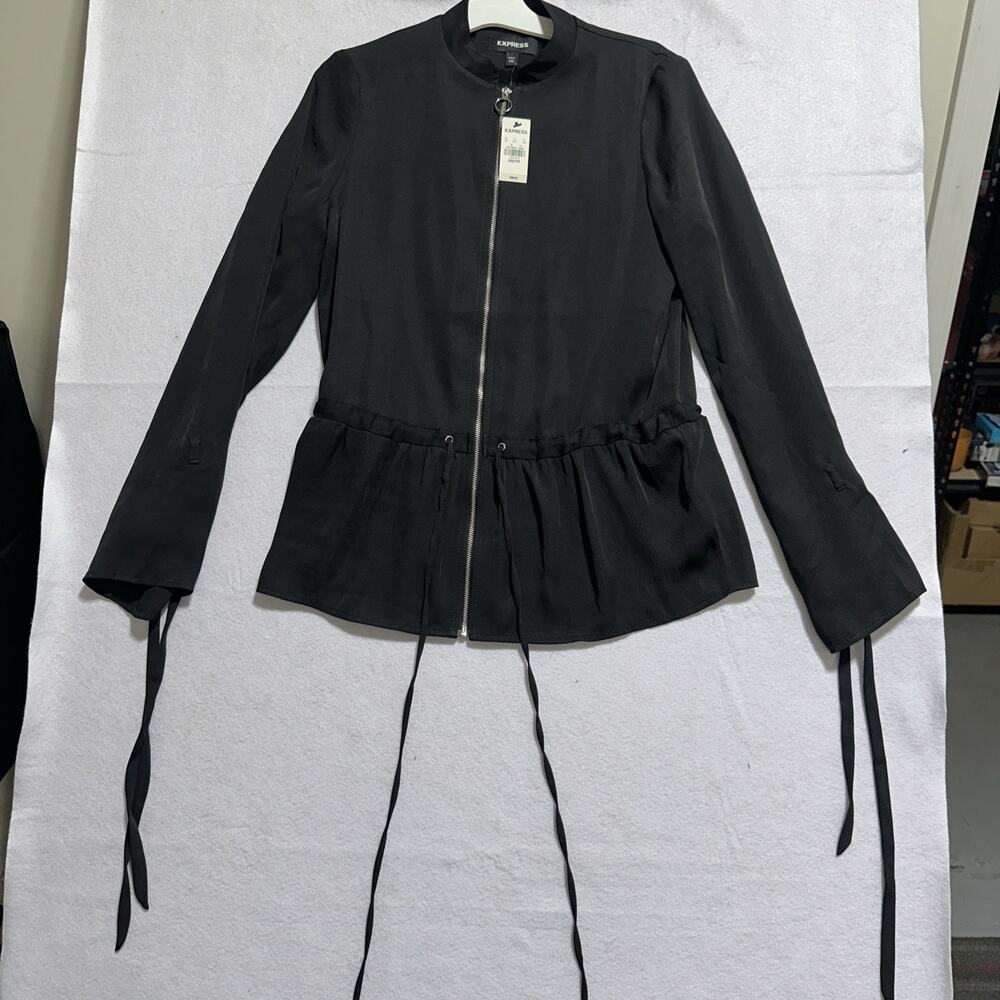 Women’s Express Full Zip Tie Waist Lightweight Blouse / Jacket sz XXS -Balck